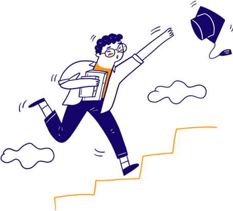 Person running up stairs with books