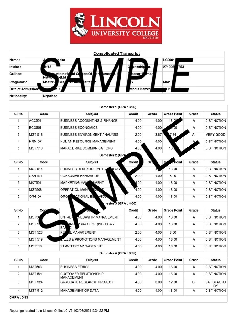 Lincoln University College Malaysia Transcript Sample